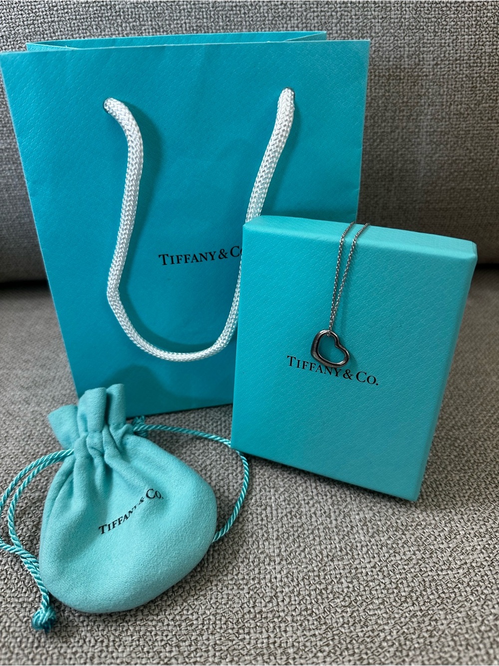 Tiffany & Co. Silver Open Heart Pendant Necklace with Tiffany Blue Box & Pouch